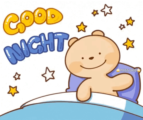 A Teddy Bear Is Laying In A Bed With The Words Good Night Above Him GIF