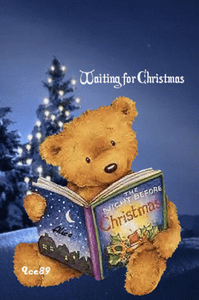 A Teddy Bear Is Reading A Book Called The Night Before Christmas GIF