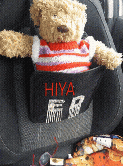 A Teddy Bear Is Sitting In A Car Seat With The Name Hiya Written On It GIF