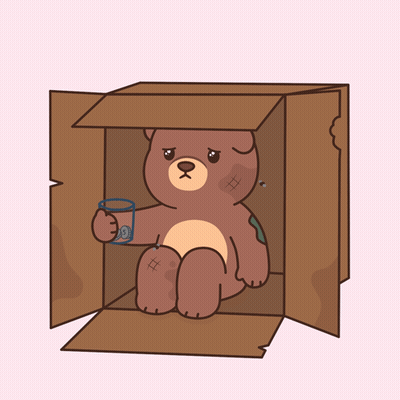 A Teddy Bear Is Sitting In A Cardboard Box Holding A Glass Of Water GIF