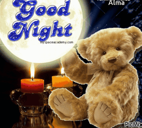A Teddy Bear Is Sitting In Front Of A Full Moon And Candles With The Words Good Night Written On It GIF