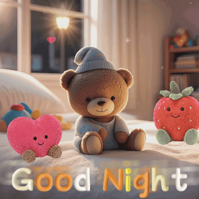 A Teddy Bear Is Sitting On A Bed Next To A Strawberry And A Heart Pillow GIF
