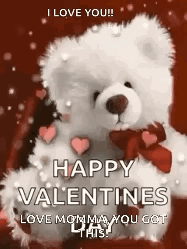 A Teddy Bear Is Sitting On A Red Background With Hearts And Says `` I Love You ! '' GIF