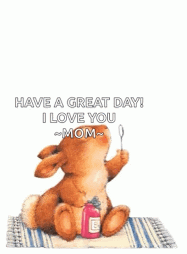 A Teddy Bear Is Sitting On A Rug With A Spoon In Its Mouth And Bubbles That Say Good Morning GIF