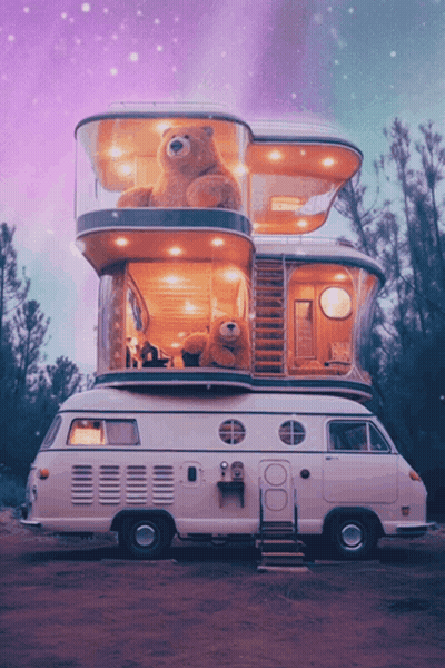 A Teddy Bear Is Sitting On Top Of A Camper Van GIF