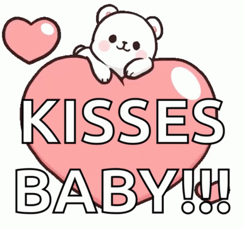 A Teddy Bear Is Sitting On Top Of A Pink Heart That Says Kisses Baby . GIF