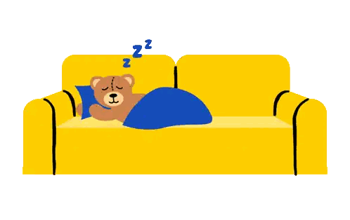 A Teddy Bear Is Sleeping On A Yellow Couch With The Words Happy Saturday Sticker