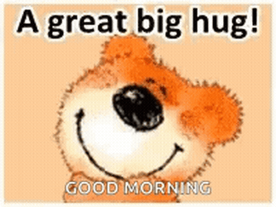 A Teddy Bear Is Smiling And Saying `` A Great Big Hug ! `` Good Morning . GIF