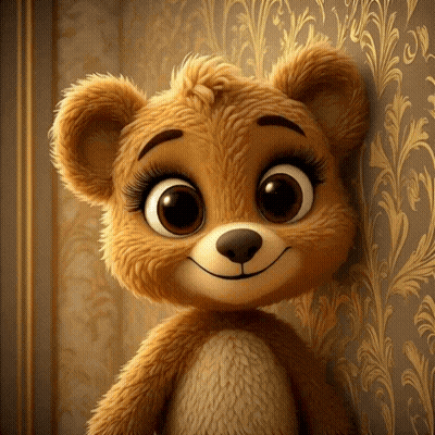 A Teddy Bear Is Smiling In Front Of A Gold Wallpaper GIF