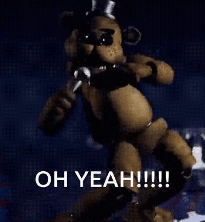 A Teddy Bear Is Standing In A Dark Room With The Words Oh Yeah !!! Below It GIF