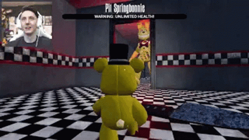 A Teddy Bear Is Standing In A Room With A Checkered Floor And A Man In A Video Game . GIF