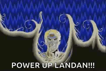 A Teddy Bear Is Standing In Front Of A Blue And Red Background With The Words `` Power Up Landan ! '' GIF