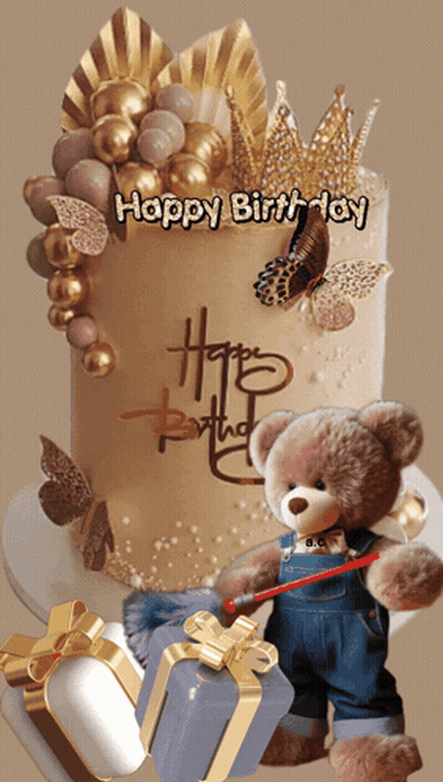 A Teddy Bear Is Standing In Front Of A Cake That Says Happy Birthday On It GIF