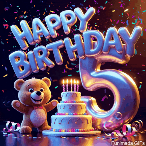 A Teddy Bear Is Standing Next To A Birthday Cake With Lit Candles And Balloons That Say Happy Birthday GIF