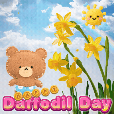 A Teddy Bear Is Standing Next To A Bunch Of Yellow Flowers With The Words Happy Daffodil Day GIF