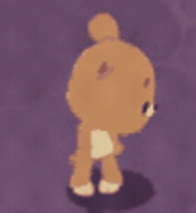 A Teddy Bear Is Standing On A Purple Background And Smiling . GIF