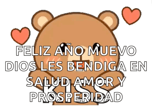 A Teddy Bear Is Surrounded By Hearts And The Words Feliz Ano Nuevo Dios Les Bendiga En Salud Amor Y Prosperidad GIF