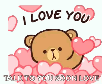 a teddy bear is surrounded by pink hearts and says `` i love you `` .