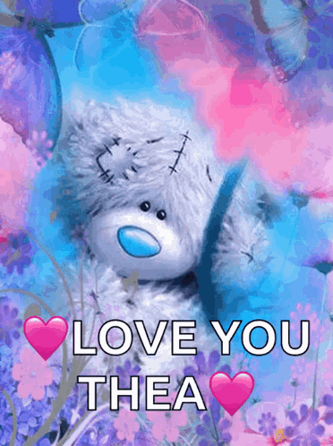 A Teddy Bear Is Surrounded By Purple And Pink Flowers And Says Love You Thea GIF