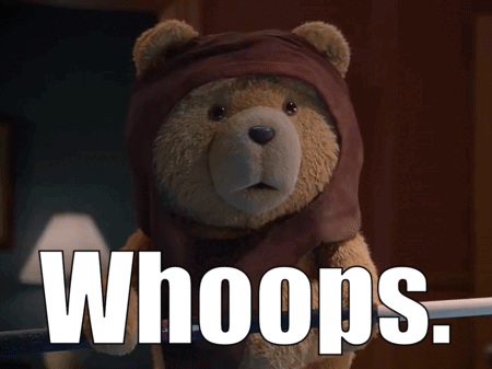A Teddy Bear Is Wearing A Brown Hood And The Word Whoops Is Written Above Him GIF