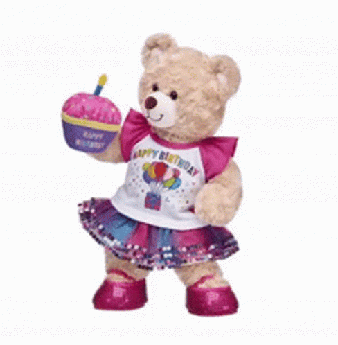 A Teddy Bear Is Wearing A Happy Birthday Shirt And Holding A Cupcake GIF