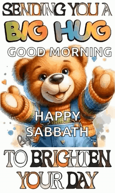 A Teddy Bear Is Wearing Overalls And A Sweater And Is Sending A Big Hug Good Morning . GIF