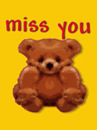 A Teddy Bear On A Yellow Background With The Words Miss You Written On It GIF