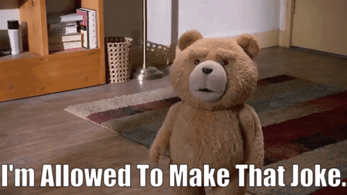 A Teddy Bear Says " I 'M Allowed To Make That Joke " In A Living Room GIF