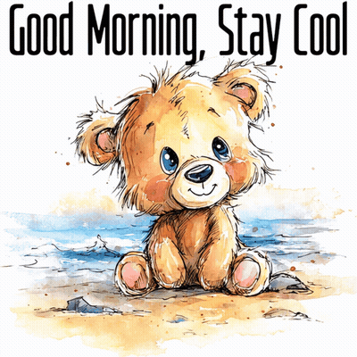 A Teddy Bear Sits On The Beach With The Words Good Morning Stay Cool GIF