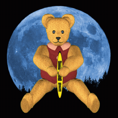 A Teddy Bear Sitting In Front Of A Blue Moon Holding A Surfboard GIF