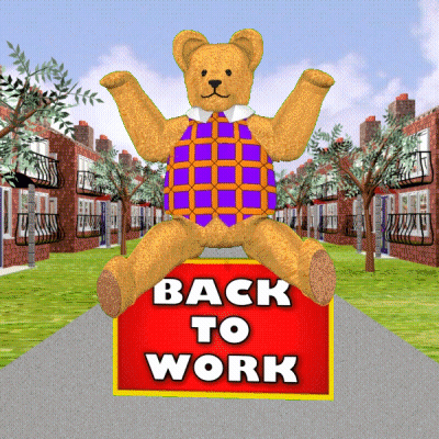 A Teddy Bear Sitting On A Red Sign That Says Back To Work GIF