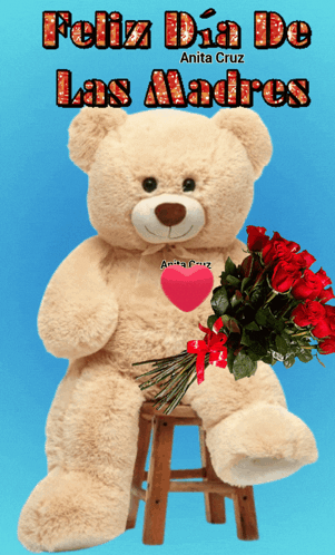 A Teddy Bear Sitting On A Stool Holding A Bouquet Of Roses GIF