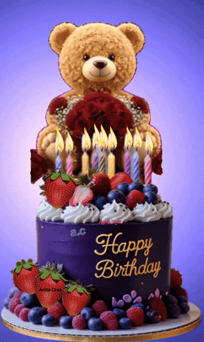 A Teddy Bear Sitting On Top Of A Birthday Cake GIF