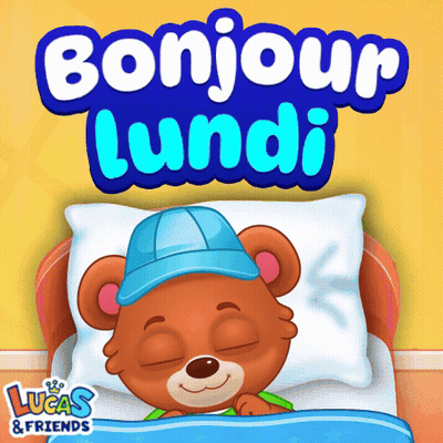 A Teddy Bear Wearing A Blue Hat Is Laying In Bed With The Words Bonjour Lundi Above Him GIF
