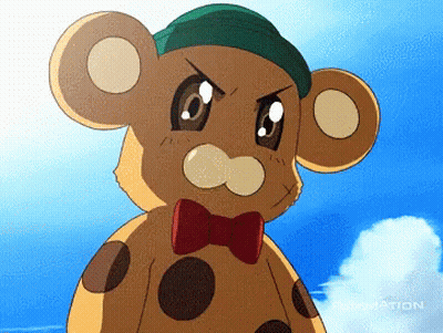 A Teddy Bear Wearing A Green Hat And A Bow Tie GIF