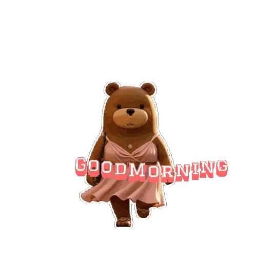 A Teddy Bear Wearing A Pink Dress And A Gold Necklace Says Good Morning Sticker