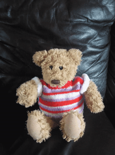 A Teddy Bear Wearing A Red And Purple Striped Sweater Sits On A Black Leather Couch GIF