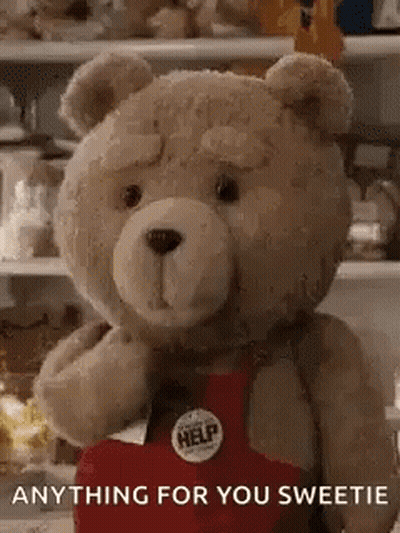 A Teddy Bear Wearing A Red Apron Is Standing In Front Of A Shelf . GIF