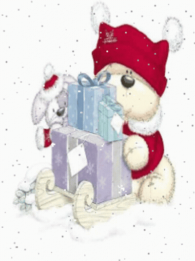 A Teddy Bear Wearing A Red Hat And Scarf Is Holding A Sleigh Full Of Gifts GIF