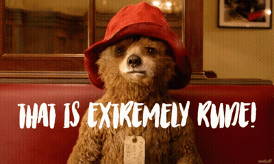 A Teddy Bear Wearing A Red Hat With The Words That Is Extremely Rude Written Below It GIF