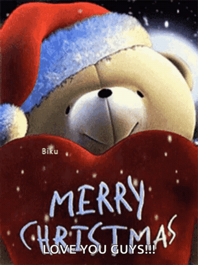 A Teddy Bear Wearing A Santa Hat Is Holding A Heart And Wishing Merry Christmas GIF