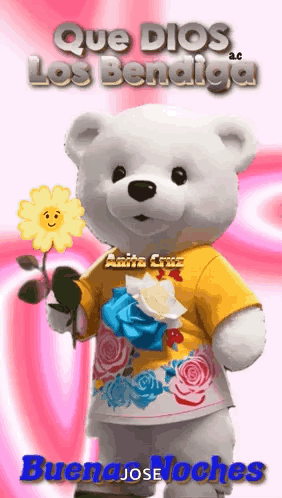 A Teddy Bear Wearing A Yellow Shirt Is Holding A Flower And Says Que Dios Los Bendiga GIF