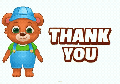 A Teddy Bear Wearing Overalls And A Blue Hat Says Thank You GIF