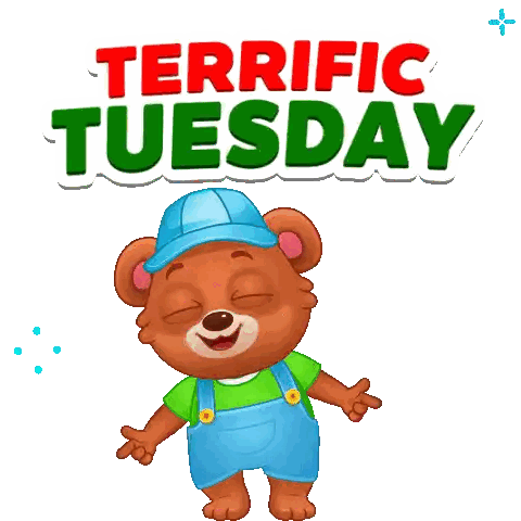 A Teddy Bear Wearing Overalls And A Blue Hat Stands In Front Of A Sign That Says Terrific Tuesday Sticker