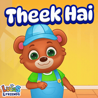 A Teddy Bear Wearing Overalls And A Blue Hat With The Words " Theek Hai " Written Above Him GIF