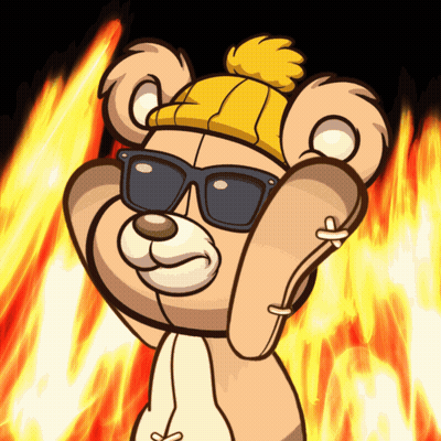 A Teddy Bear Wearing Sunglasses And A Yellow Hat Is Standing In Front Of Flames GIF