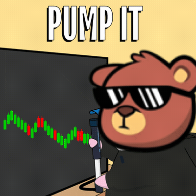 A Teddy Bear Wearing Sunglasses Stands In Front Of A Screen That Says Pump It On It GIF
