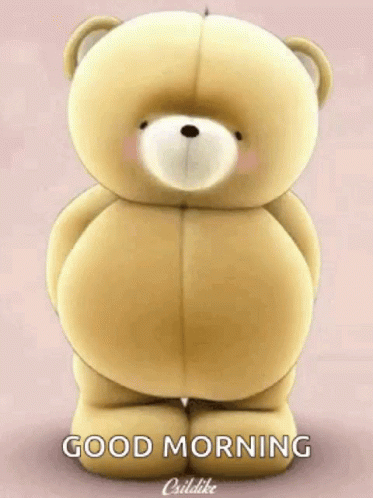 A Teddy Bear With A Big Belly Is Standing On A Pink Background And Says `` Good Morning '' . GIF