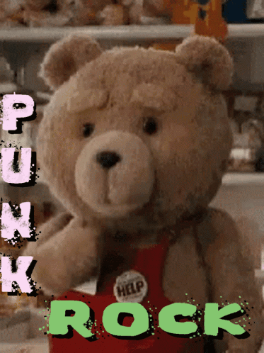 a teddy bear with a help button on his apron