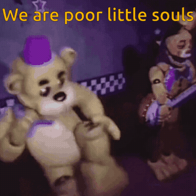 A Teddy Bear With A Purple Hat And The Words We Are Poor Little Souls Below It GIF